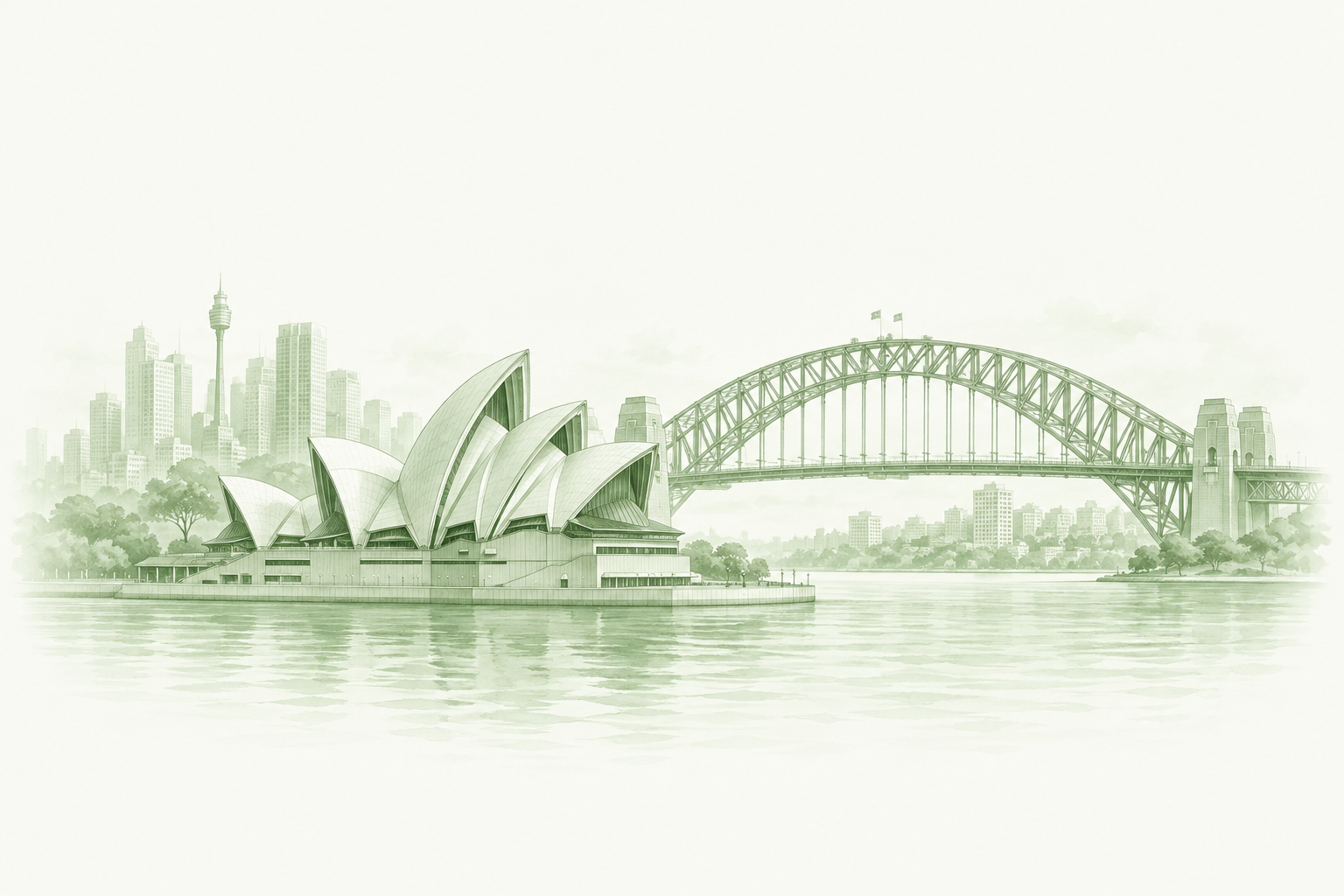 Sydney Opera House and Harbour Bridge — pale sage illustration