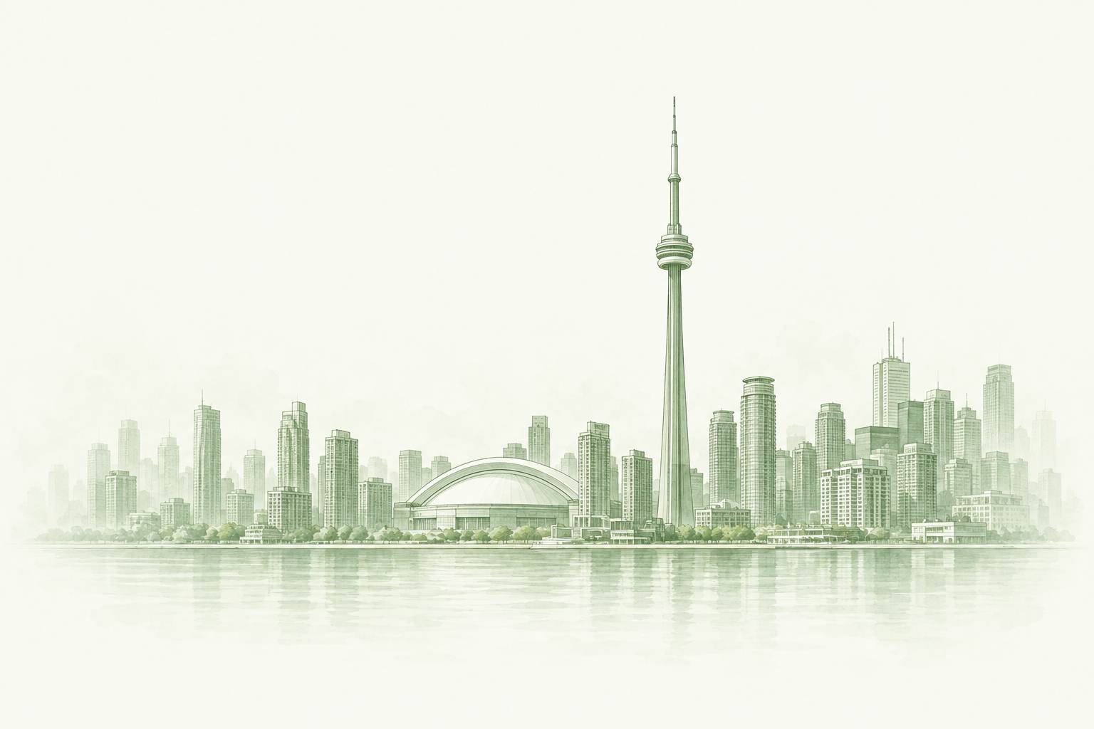 CN Tower and Toronto skyline — pale sage illustration