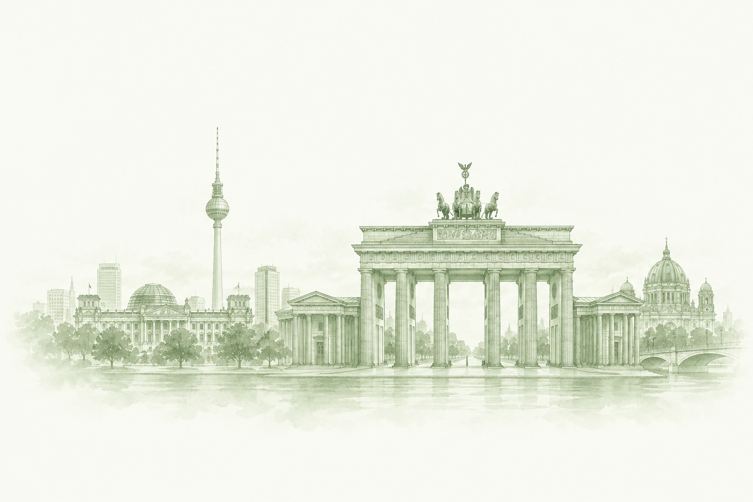 Brandenburg Gate and Berlin skyline — pale sage illustration