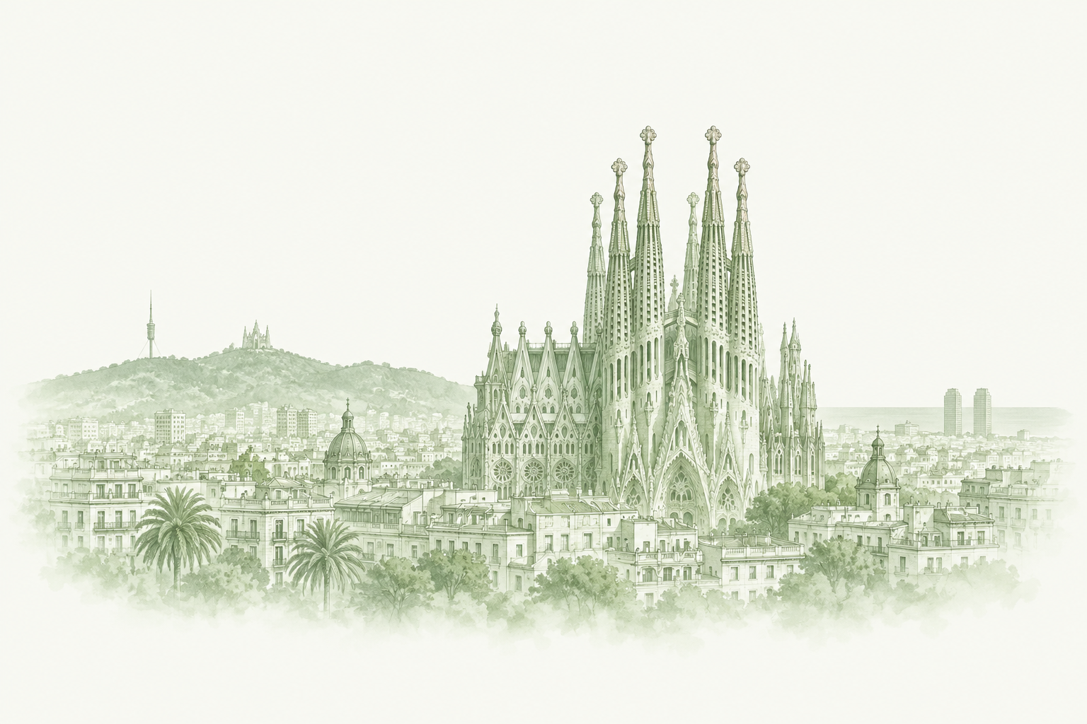 Sagrada Família and Barcelona skyline — pale sage illustration