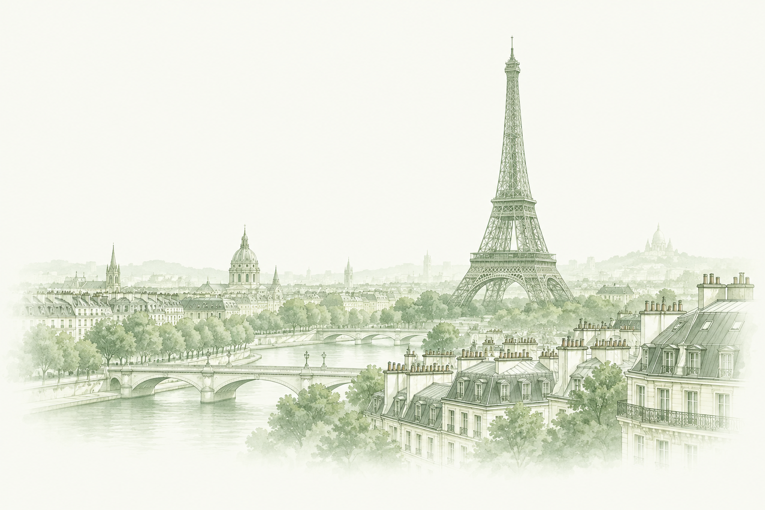 Eiffel Tower and Paris rooftops — pale sage illustration