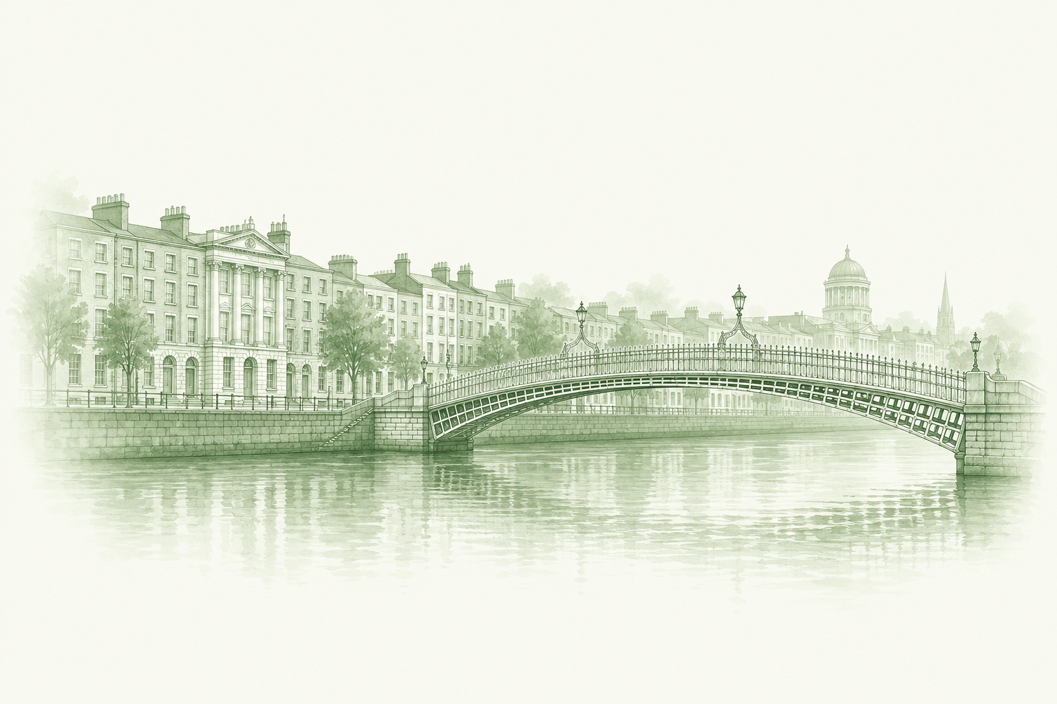 Dublin riverside and Ha’penny Bridge — pale sage illustration
