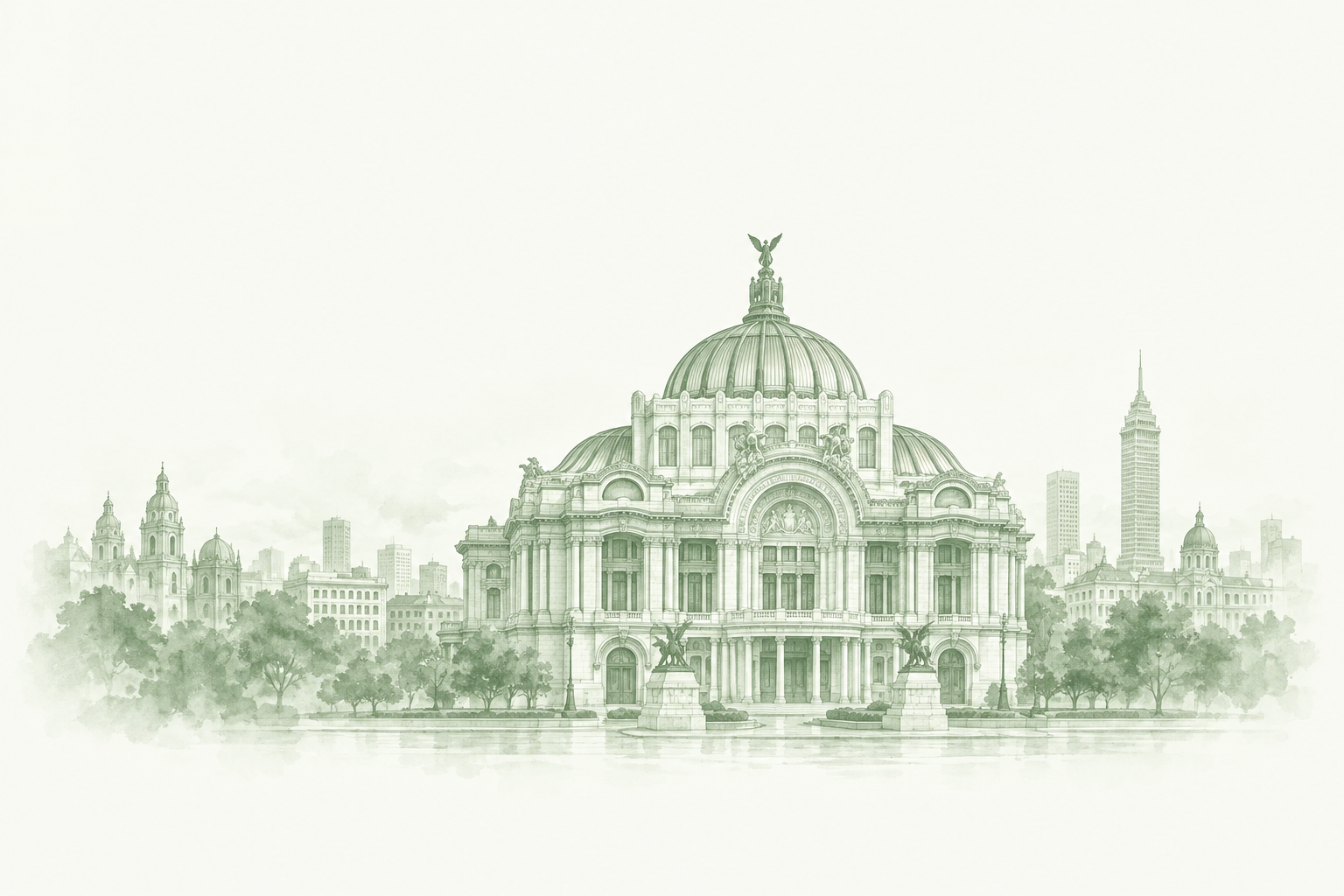 Palacio de Bellas Artes and Mexico City skyline — pale sage illustration