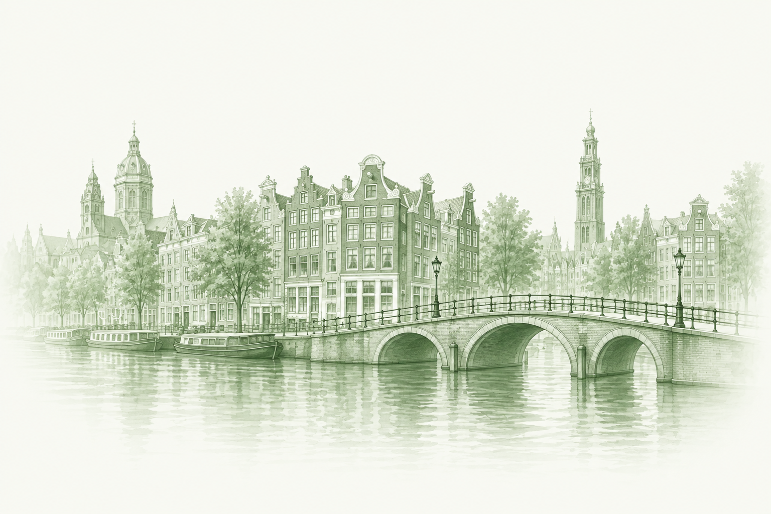 Amsterdam canal houses and bridge — pale sage illustration