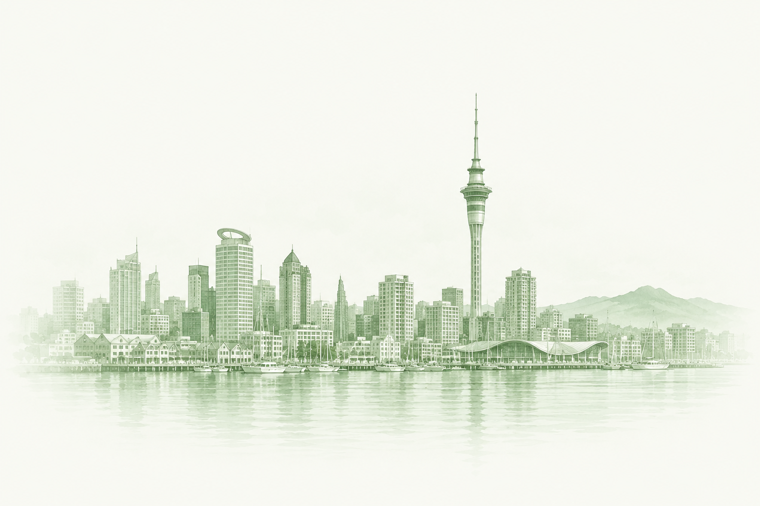 Auckland Sky Tower and harbour — pale sage illustration