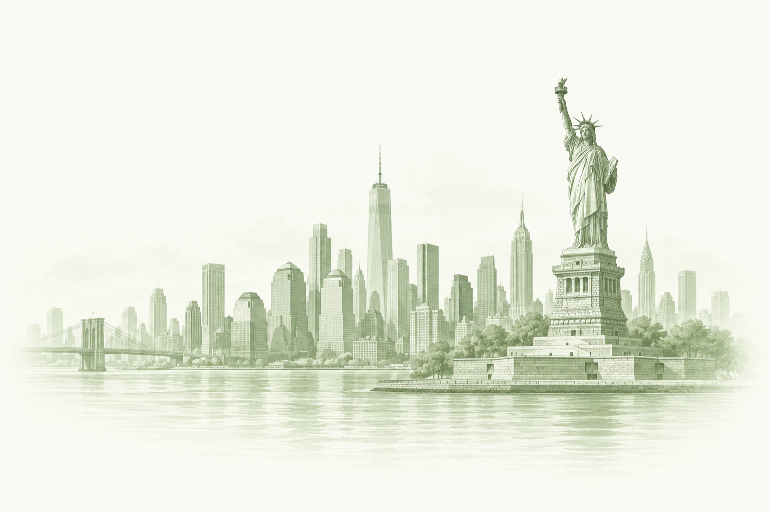 Statue of Liberty and New York skyline — pale sage illustration